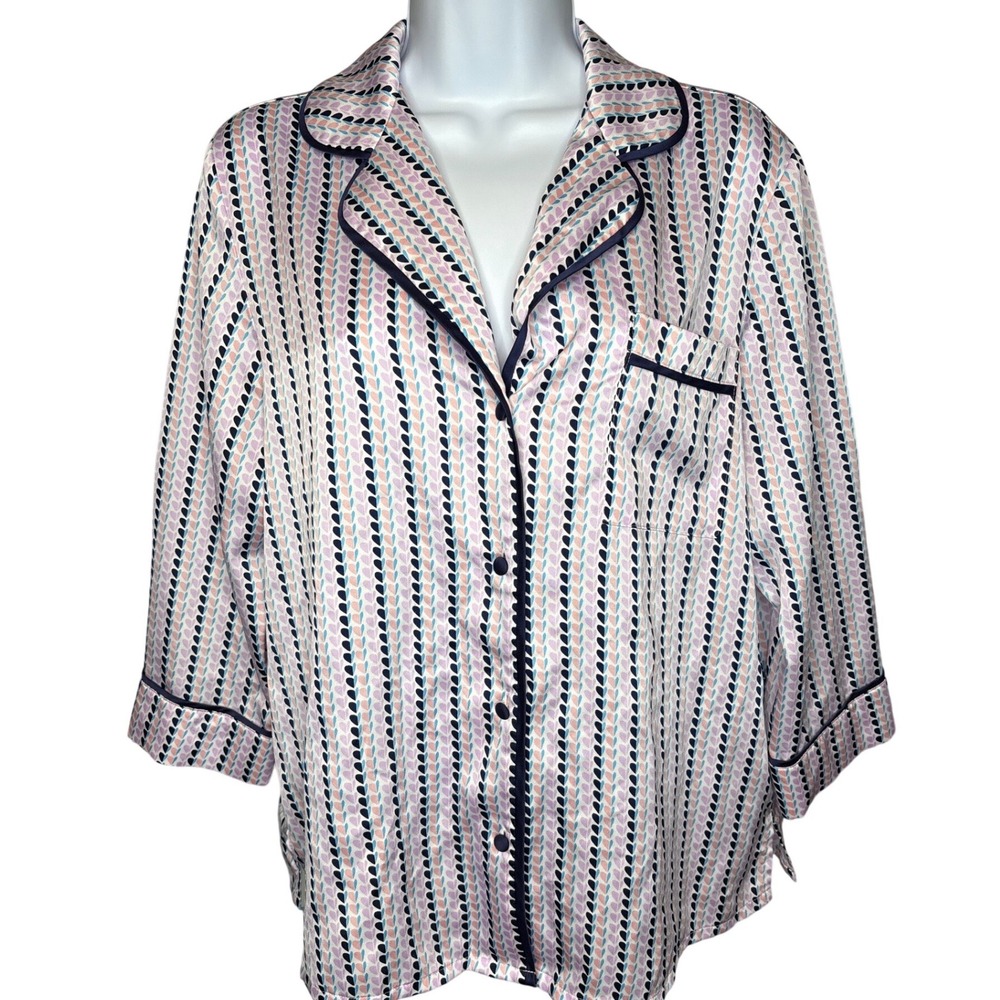 Kate Spade Womens Pink Heart Stripe Pajama Top Sz M Satin Feel Girly Loungewear
